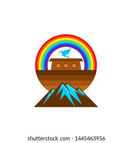 Logo of Noah's Ark. Rainbow - a symbol of the covenant. Dove with a branch of olive. Ship to rescue animals and people from the Flood. Biblical illustration.