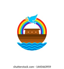 Logo of Noah's Ark. Rainbow - a symbol of the covenant. Dove with a branch of olive. Ship to rescue animals and people from the Flood. Biblical illustration.