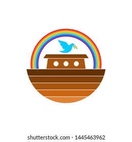 Logo of Noah's Ark. Rainbow - a symbol of the covenant. Dove with a branch of olive. Ship to rescue animals and people from the Flood. Biblical illustration.