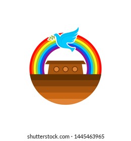 Logo of Noah's Ark. Rainbow - a symbol of the covenant. Dove with a branch of olive. Ship to rescue animals and people from the Flood. Biblical illustration.