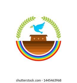 Logo of Noah's Ark. Rainbow - a symbol of the covenant. Dove with a branch of olive. Ship to rescue animals and people from the Flood. Biblical illustration.