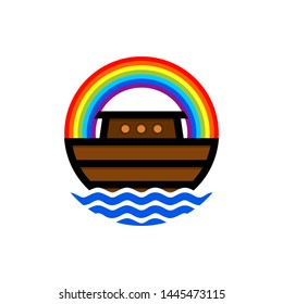 Logo of Noah's Ark. Rainbow - a symbol of the covenant. Dove with a branch of olive. Ship to rescue animals and people from the Flood. Biblical illustration.