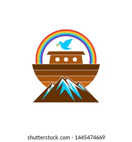 Logo of Noah's Ark. Rainbow - a symbol of the covenant. Dove with a branch of olive. Ship to rescue animals and people from the Flood. Biblical illustration.