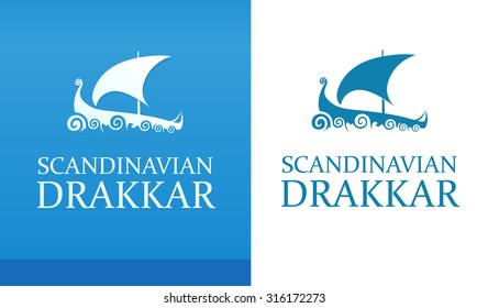 Logo with Nordic Drakkar on white and blue background isolated.
