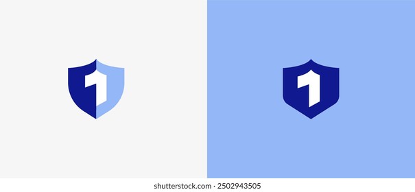 Logo number 1 and shield, tech, database, security, antivirus guard and defense. Modern and minimalisr iconic design. Editable file