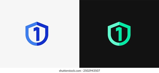 Logo number 1 and shield, tech, database, security, antivirus guard and defense. Modern and minimalisr iconic design. Editable file