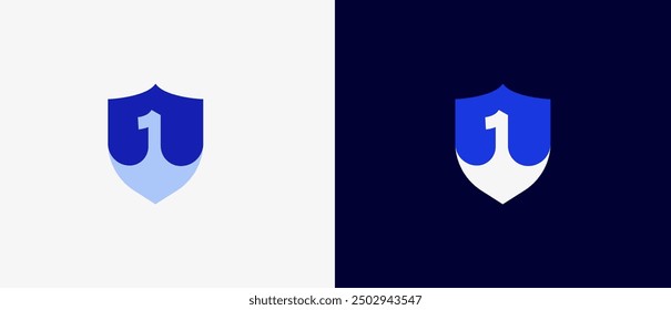 Logo number 1 and shield, tech, database, security, antivirus guard and defense. Modern and minimalisr iconic design. Editable file