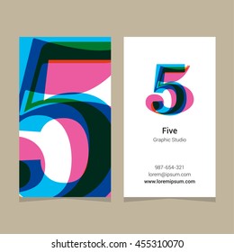 Logo number "5", with business card template. Vector graphic design elements for company logo.