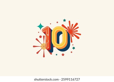 Logo Number Colorful 10th, 10th Happy Birthday or Anniversary with fireworks concept. Happiness and funny design concept.
