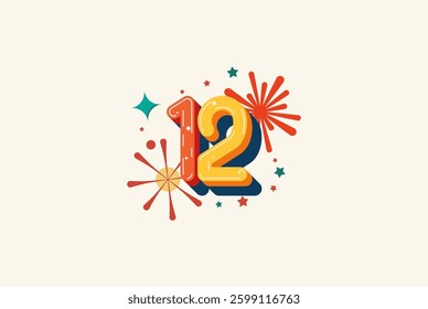 Logo Number Colorful 12th, 12th Happy Birthday or Anniversary with fireworks concept. Happiness and funny design concept.