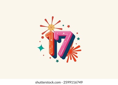 Logo Number Colorful 17th, 17th Happy Birthday or Anniversary with fireworks concept. Happiness and funny design concept.