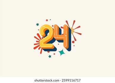 Logo Number Colorful 24th, 24th Happy Birthday or Anniversary with fireworks concept. Happiness and funny design concept.
