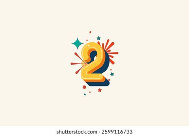 Logo Number Colorful 2nd, 2nd Happy Birthday or Anniversary with fireworks concept. Happiness and funny design concept.
