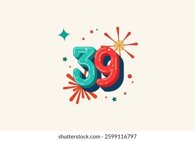Logo Number Colorful 39th, 39th Happy Birthday or Anniversary with fireworks concept. Happiness and funny design concept.