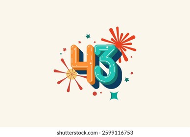 Logo Number Colorful 43th, 43th Happy Birthday or Anniversary with fireworks concept. Happiness and funny design concept.