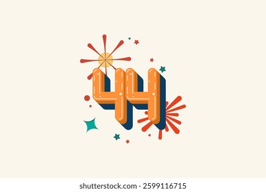 Logo Number Colorful 44th, 44th Happy Birthday or Anniversary with fireworks concept. Happiness and funny design concept.
