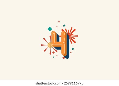 Logo Number Colorful 4th, 4th Happy Birthday or Anniversary with fireworks concept. Happiness and funny design concept.
