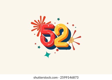 Logo Number Colorful 52th, 52th Happy Birthday or Anniversary with fireworks concept. Happiness and funny design concept.