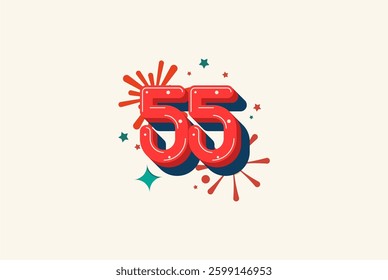 Logo Number Colorful 55th, 55th Happy Birthday or Anniversary with fireworks concept. Happiness and funny design concept.