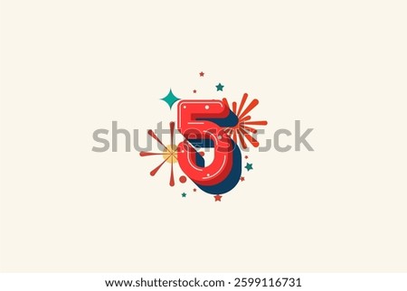 Logo Number Colorful 5th, 5th Happy Birthday or Anniversary with fireworks concept. Happiness and funny design concept.