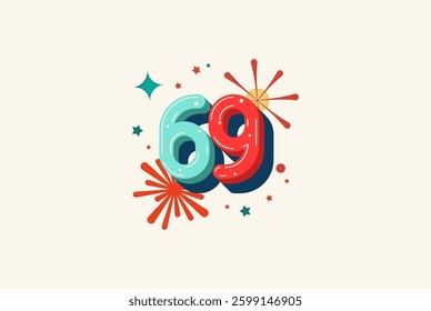 Logo Number Colorful 69th, 69th Happy Birthday or Anniversary with fireworks concept. Happiness and funny design concept.