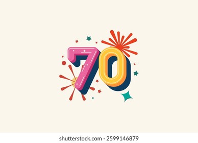 Logo Number Colorful 70th, 70th Happy Birthday or Anniversary with fireworks concept. Happiness and funny design concept.