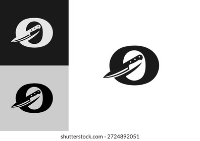 Logotipo com O Inicial Inspirado em Facas de Cozinha para Serviços Alimentares. Isolado no fundo branco.