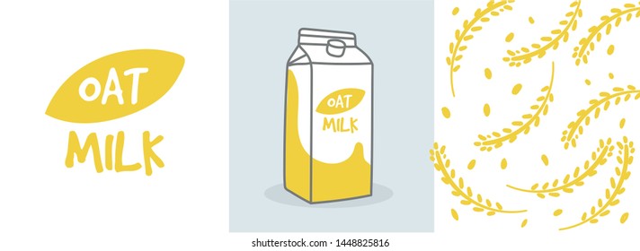 Logo oat milk. Yellow-white sign of a organic product. Cartoon Packaging on a gray fond. Background with yellow wheat spikelets. Vector illustration isolated