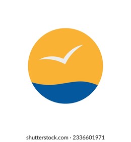 Logo of the ocean or sea with the sun and a lone white seagull flying over the waves. Color vector round shape.
