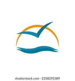 Logo of the ocean or sea with the sun and a lone albatross flying over the waves. Color vector round shape.