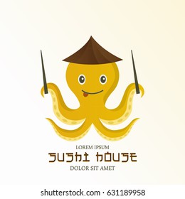Logo of octopus in japanese hat for sushi house