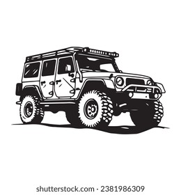 A logo of off road jeep 4x4 car silhouette visit mountain concept isolated icon vector jeep concept