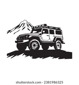 A logo of off road jeep 4x4 car silhouette visit mountain concept isolated icon vector black jeep