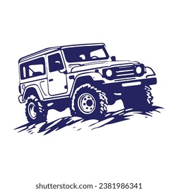 A logo of off road jeep 4x4 car silhouette visit mountain concept isolated icon vector blue jeep