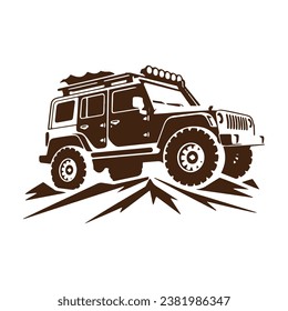 A logo of off road jeep 4x4 car silhouette visit mountain concept isolated icon vector brown jeep