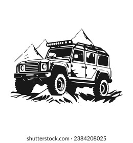 A logo of off road jeep 4x4 car silhouette visit mountain concept isolated icon