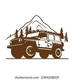 A logo of off road jeep 4x4 car silhouette visit mountain concept isolated icon long drive vector