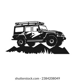 A logo of off road jeep 4x4 car silhouette visit mountain concept isolated icon vector