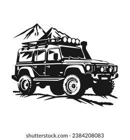 A logo of off road jeep 4x4 car silhouette visit mountain concept isolated jeep icon vector