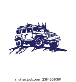 A logo of off road jeep 4x4 car silhouette visit mountain concept isolated icon vector with tree background.