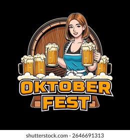 Logotipo para o evento do festival Oktoberfest com ilustração de vidro de menina e cerveja