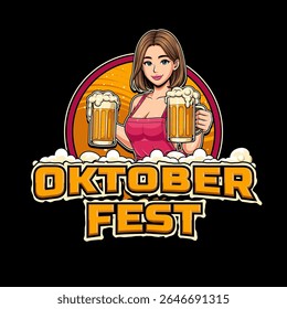 Logotipo para o evento do festival Oktoberfest com ilustração de vidro de menina e cerveja