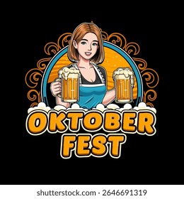 Logotipo para o evento do festival Oktoberfest com ilustração de vidro de menina e cerveja