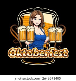 Logotipo para o evento do festival Oktoberfest com ilustração de vidro de menina e cerveja