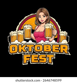 Logotipo para o evento do festival Oktoberfest com ilustração de vidro de menina e cerveja