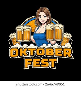 Logotipo para o evento do festival Oktoberfest com ilustração de vidro de menina e cerveja