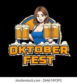 Logotipo para o evento do festival Oktoberfest com ilustração de vidro de menina e cerveja