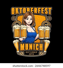 Logotipo para o festival Oktoberfest com ilustração de uma garota carregando dois copos de cerveja e texto editável