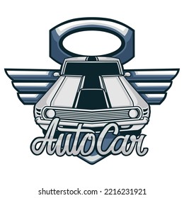 Logo for the old car community. With classic car main object and permanent font "AUTO CAR". Vector inspiration. Design element for logo,community logo,tshirt,emblem,poster. Vector illustration.