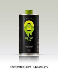 Logo of olive oil. Transparent double letters O with dripping oil. Packaging, metal can with lid. Example packaging design and labels.